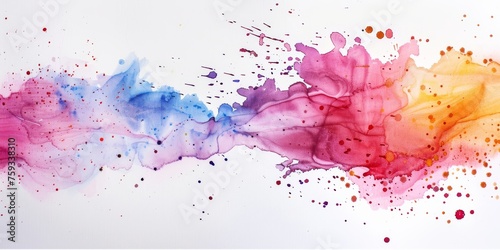 Bright watercolor splash transitioning from yellow to pink to blue, resembling a vivid sunset sky, scattered with lively droplets on a white canvas.