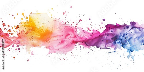 Bright watercolor splash transitioning from yellow to pink to blue  resembling a vivid sunset sky  scattered with lively droplets on a white canvas.