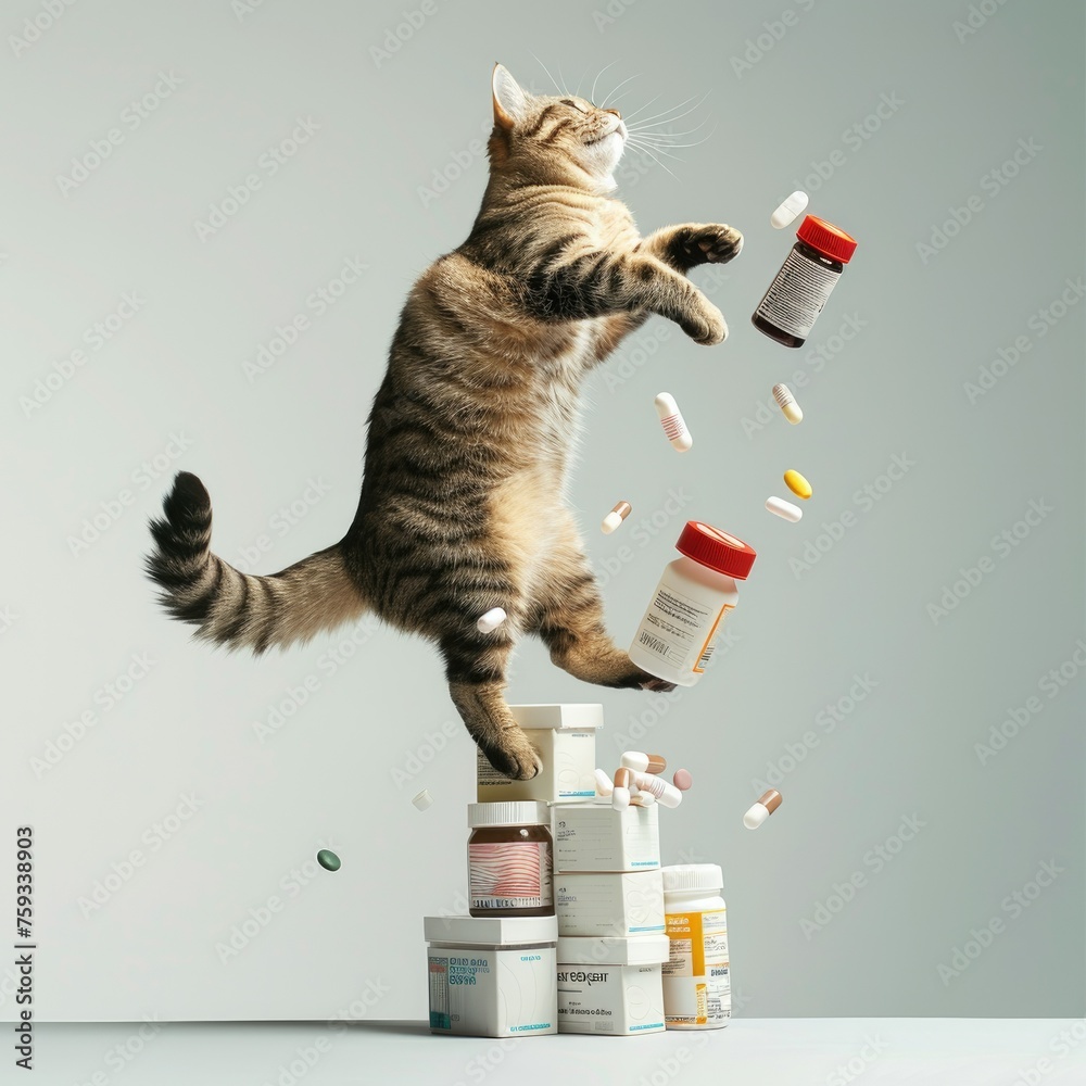 Cat jumping after knocked over medication bottles Dynamic shot of a