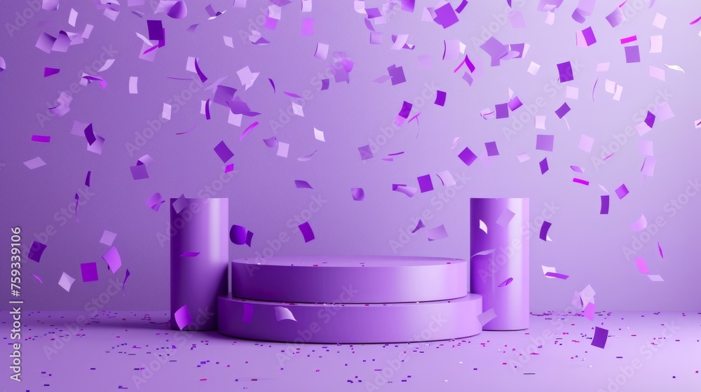 Podium with a light purple background, topped with confetti. generative ai Podium with a light purple background, topped with confetti. generative ai