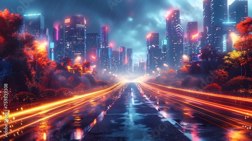 Neon Cityscape with Wet Streets at Night