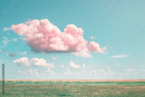 Gentle pink cloud floating on blue sky - Soft, solitary pink cloud drifting gently over a serene blue sky above luscious green grass
