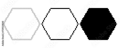 pixel art hexagon shape set isolated on white background