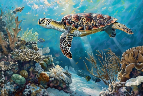 A majestic Hawksbill Turtle gracefully gliding through the azure waters of a tropical reef