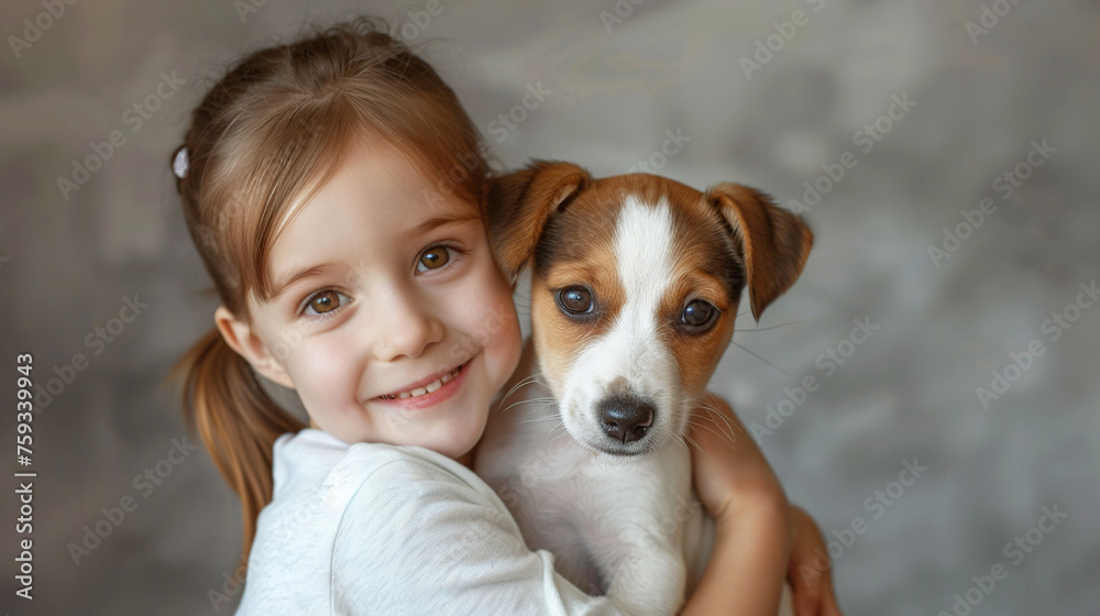 Smiling little girl posing hugging a jack Russel Terrier breed puppy High detail Hyper quality Smiling little girl posing hugging a jack Russel Terrier breed puppy High detail Hyper quality
