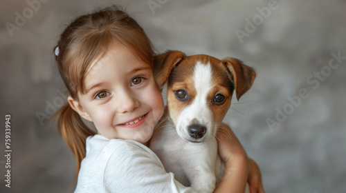 Smiling little girl posing hugging a jack Russel Terrier breed puppy High detail Hyper quality