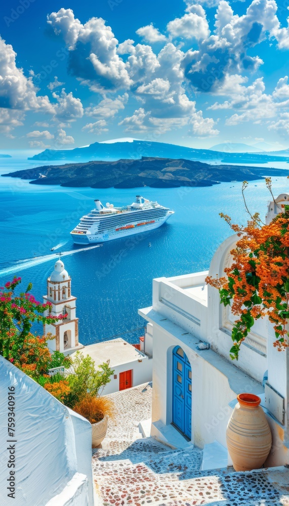 Fototapeta premium Santorini daytime panorama fira and oia towns overlooking cliffs, beaches, small islands in greece