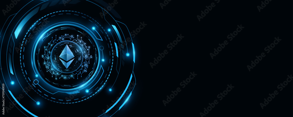 Futuristic coin Ethereum against the background of a hi-tech board with HUD. Digital coin for banner, website or presentation. Vector illustration. - obrazy, fototapety, plakaty 