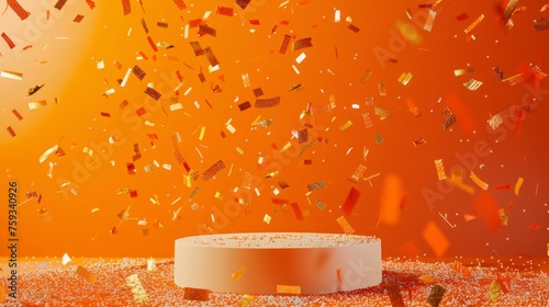 Podium on a deep orange studio background, complemented by celebratory confetti generative ai