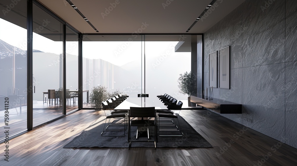 Minimalist haven: A serene blend of sleek design and tranquil light in a modern dining space. Minimalist haven: A serene blend of sleek design and tranquil light in a modern dining space.