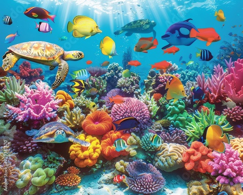 Vibrant Underwater Ecosystem with Colorful Coral Reef and Marine Life Including a Sea Turtle and Fish