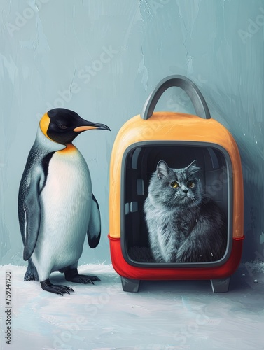 Penguin Outside Carrier with Cat Inside - A surreal artwork with a penguin outside and a mesmerized cat inside a colorful carrier, creating an imaginative narrative photo