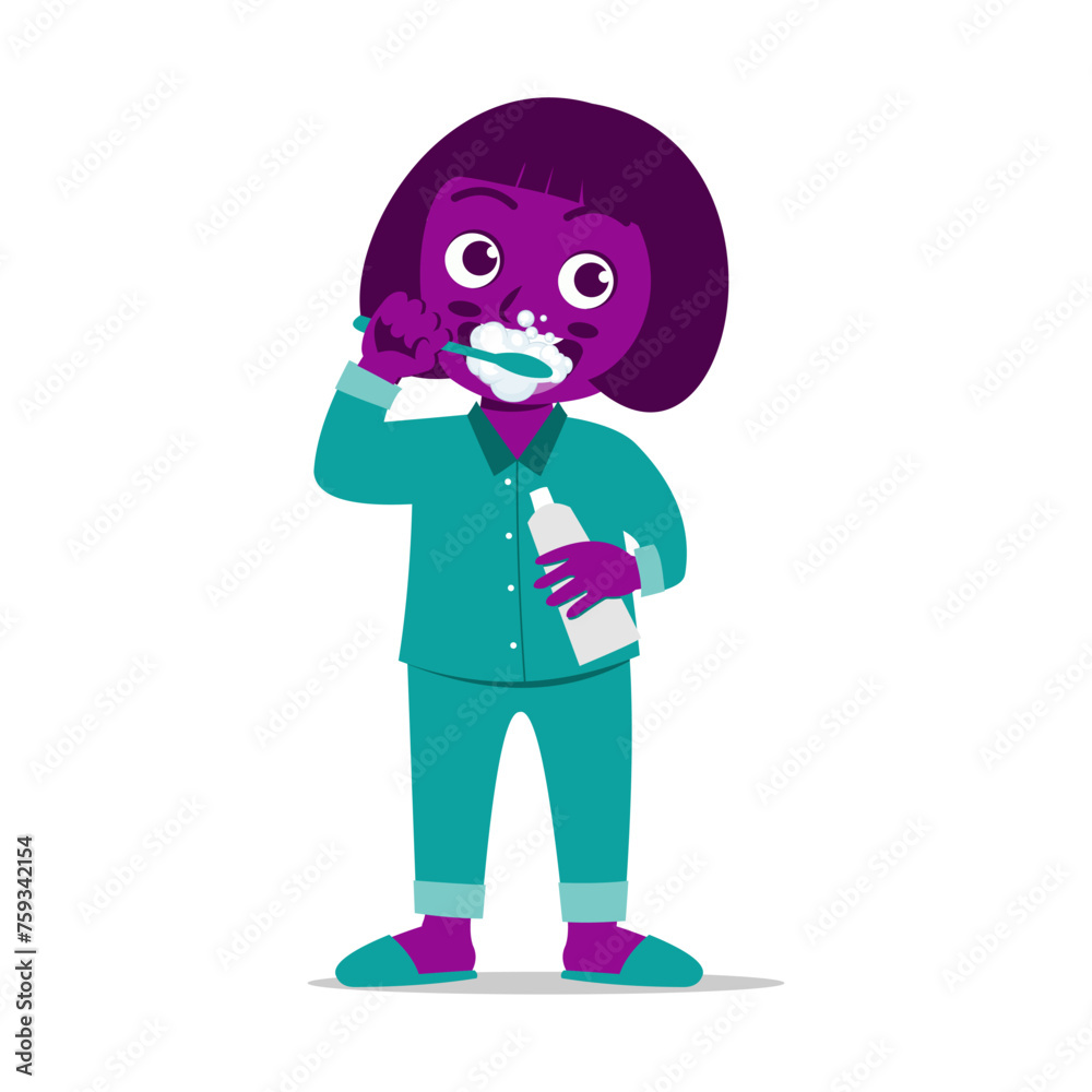 Cute little girl brushing teeth and holding toothpaste