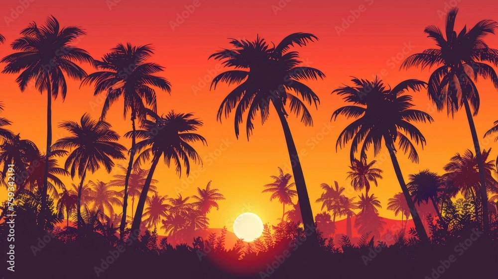 Tropical palm trees against a red sky - The silhouette of palm trees stands stark against a radiant red and orange sunset backdrop