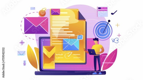 Vibrant illustration of digital file management - An illustrated concept of digital file management with colorful elements such as emails and folders surrounding a laptop photo