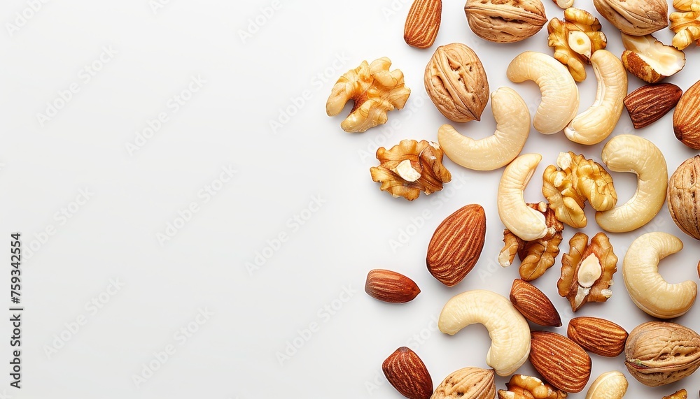 Variety of nuts on warm brown background providing generous space for creative text placement Variety of nuts on warm brown background providing generous space for creative text placement