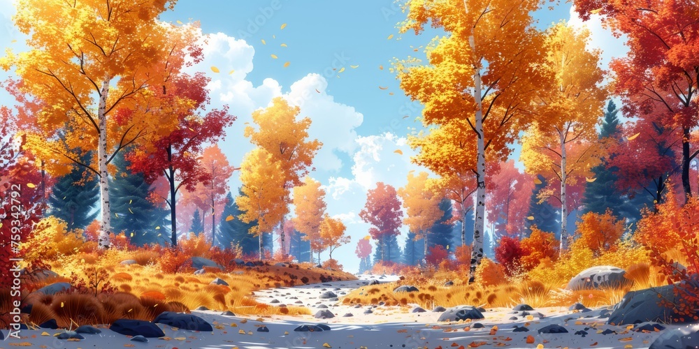 Bright and Warm Digital Illustration of an Autumn Forest Path with Red and Orange Foliage Under a Clear Blue Sky