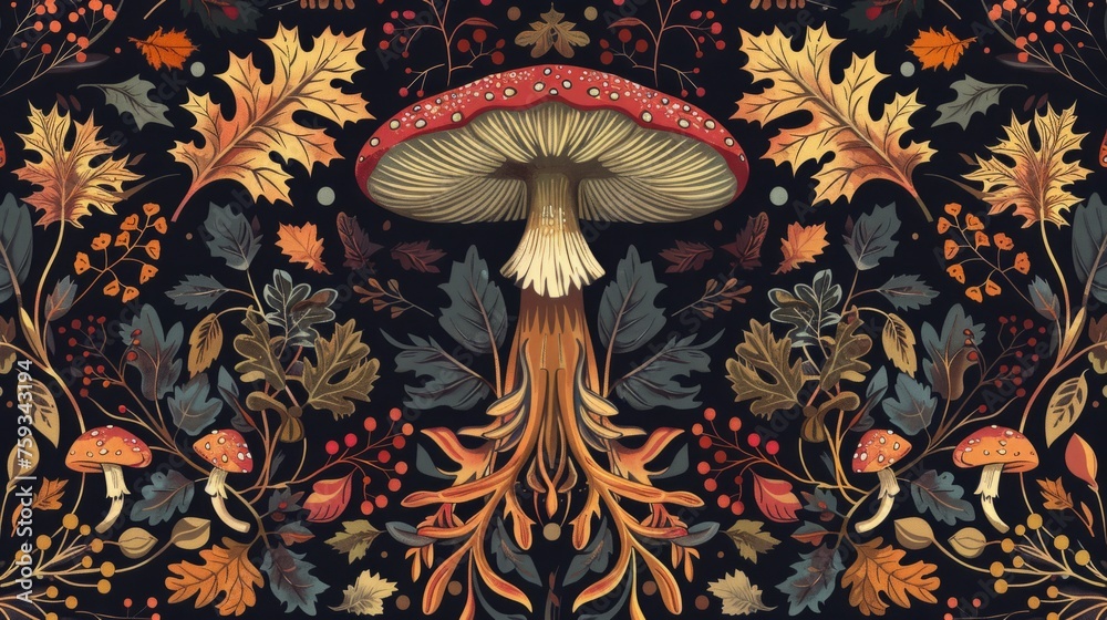 illustration of mushrooms, oaks and berries, autumn background generative ai - obrazy, fototapety, plakaty 