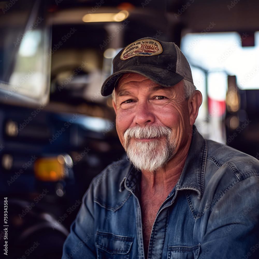 Confident truck repair shop owner with a beard and hat standing proudly.