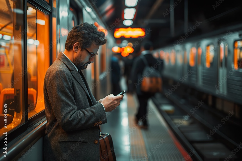 A smartly dressed man standing on a train platform, deeply focused on his cell phone. - obrazy, fototapety, plakaty 