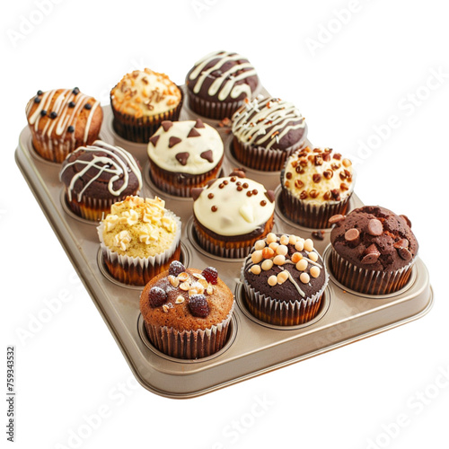 Fresh ready to eat muffins in tray on transparent background