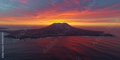 Aerial Sunset View of a Volcanic Island with Glowing Sky Reflecting on the Ocean Surface