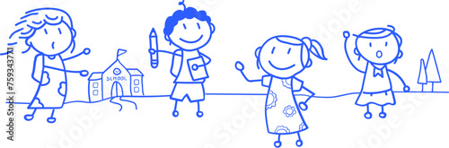 손으로 그린 학교 학생 선생님 라인 일러스트