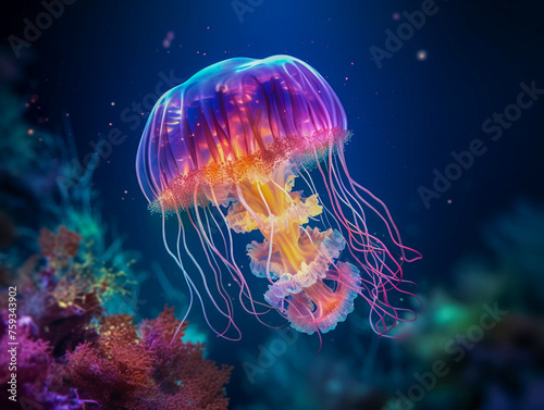 A glowing jellyfish in the depths of an underwater world, bioluminescent hues illuminating the darkness