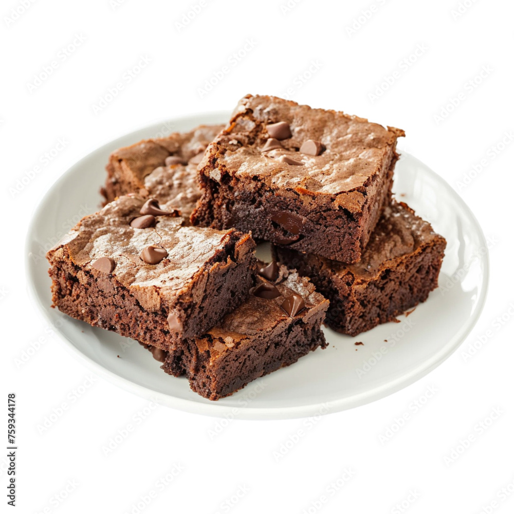 Chocolate fudge brownie cake in plate on transparent background Chocolate fudge brownie cake in plate on transparent background