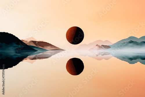 A large sphere over water with mountains in the background photo