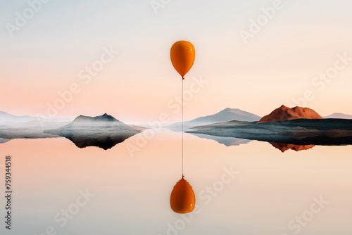 An orange balloon floating over a lake