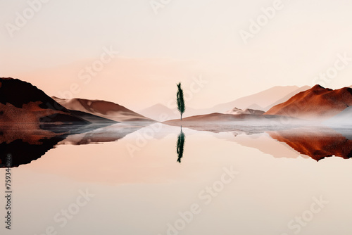 A lone tree stands in the middle of a lake