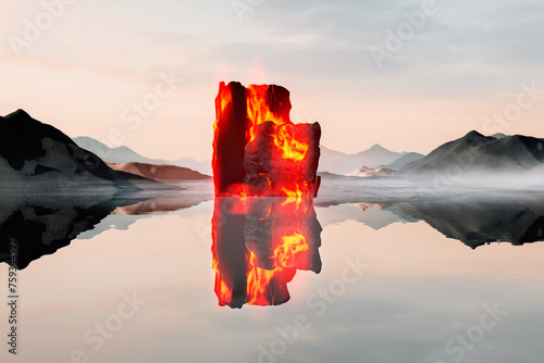 Volcanic rock with lava sitting on top of a lake photo