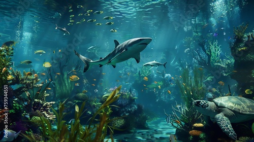 A captivating scene within a zoo aquarium, showcasing a diverse array of wild sea creatures © artfisss