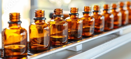 Pharmaceutical production glass bottles on automated conveyor line in factory setting