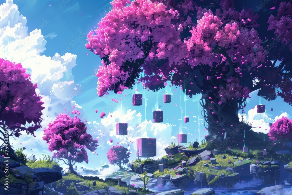 Blooming cherry trees in ethereal landscape - A digital painting depicting pink cherry blossom trees on magical floating landmasses with glowing cubes - obrazy, fototapety, plakaty 