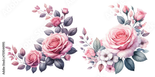 Pink rose wreath watercolor illustration material set
