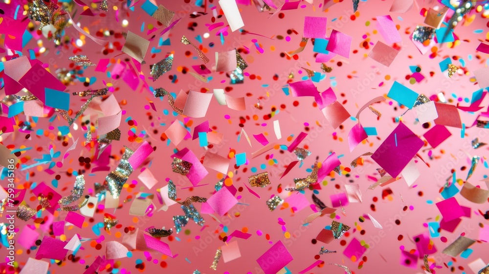 Obraz premium Vibrant confetti scattered on a cheerful pink background generative ai