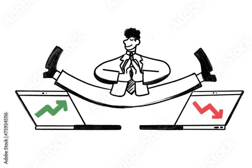 Businessman on two laptops with rising and falling stock market arrows photo