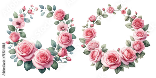 Pink rose wreath watercolor illustration material set