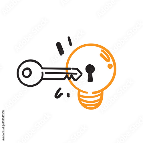 hand drawn doodle open light bulb with key symbol for key idea illustration vector