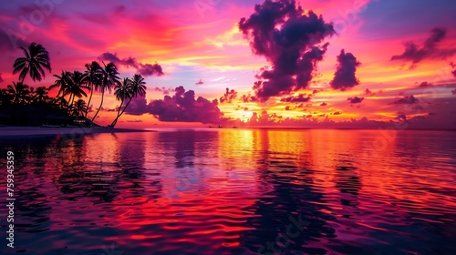 A breathtaking view of a colorful sunset casting its radiant glow over the tranquil waters of the Maldives  with the sky ablaze in hues of pink  orange  and gold 
