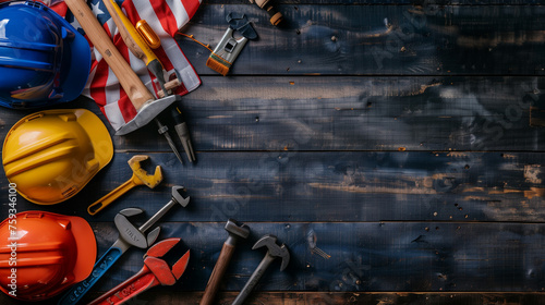 Labor day concept. American flag. Construction tools.