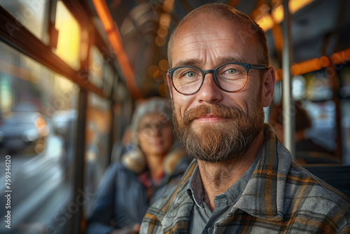 A man on public transport. Transportation concept. Backdrop with selective focus and copy space