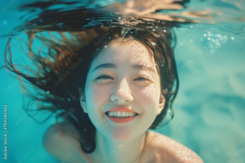 水着で海の中で遊ぶ日本人女性(シュノーケル・水泳・海水浴) 水着で海の中で遊ぶ日本人女性(シュノーケル・水泳・海水浴)