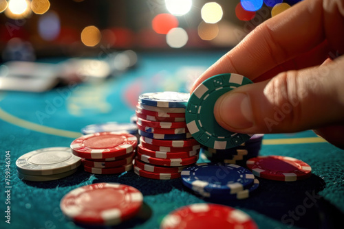 Close up of a hand throwing poker chips at the poker table. Poker player increasing his stakes throwing tokens onto the gaming table