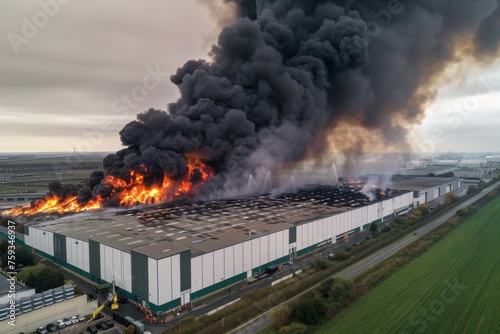 A large building is on fire, with smoke billowing out of the top