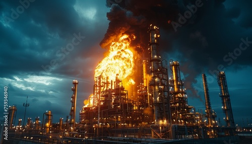 A large industrial plant is on fire with smoke billowing into the sky photo