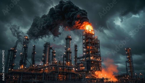 A large industrial plant with a huge fire burning
