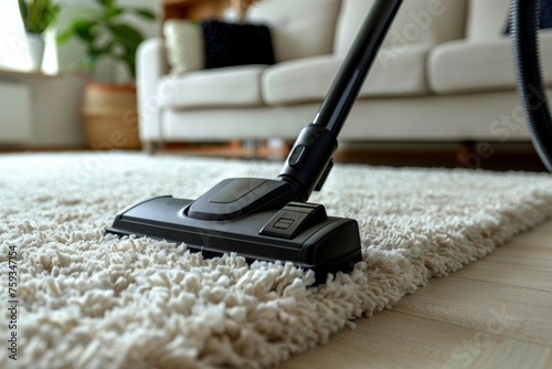 A black vacuum cleaner is on a white carpet in living room photo